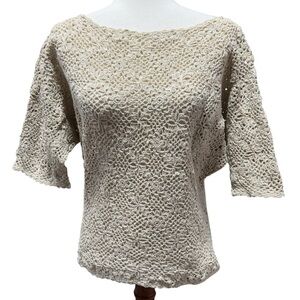 R&K Originals 70s Crochet Top Size 8 Medium Beige Vintage Floral Dolman Sleeve